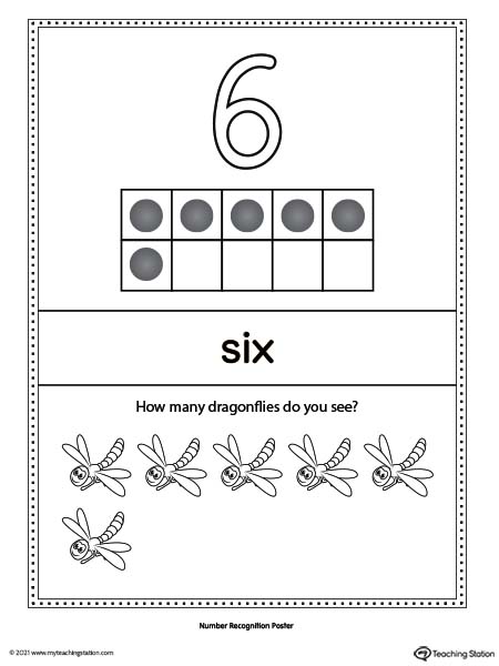 Large number six poster with ten-frame. Each poster has a different representation for the number, number word, and ten frame illustration.