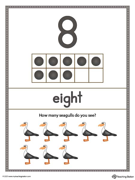 Large number eight poster with ten-frame. Each poster has a different representation for the number, number word, and ten frame illustration. Available in color.