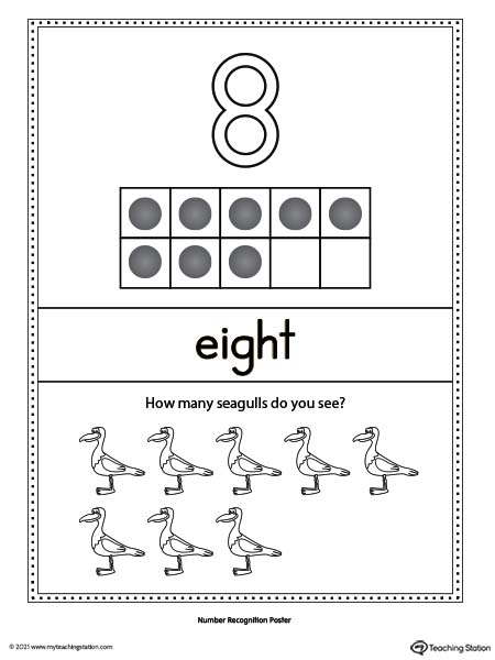 Large number eight poster with ten-frame. Each poster has a different representation for the number, number word, and ten frame illustration.