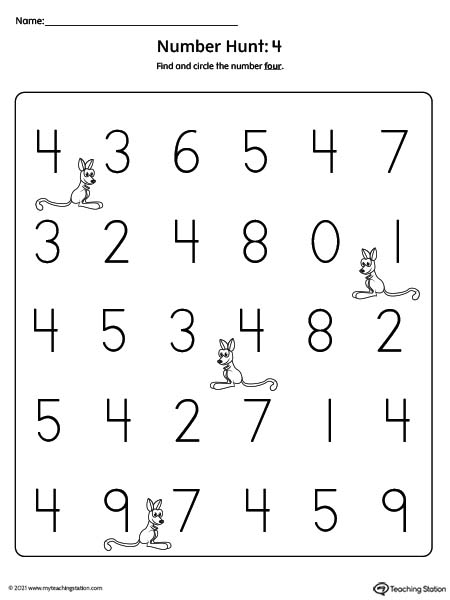 Preschooler number recognition printable worksheets. Featuring number four.