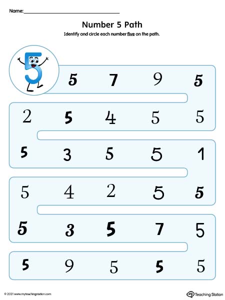 Learn the different forms of the number 5 with this printable worksheet. Available in color.