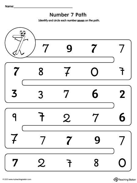 Practice the different forms of the number 7 with this printable worksheet.