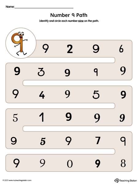 Practice the different forms of the number 9 with this printable worksheet. Available in color.