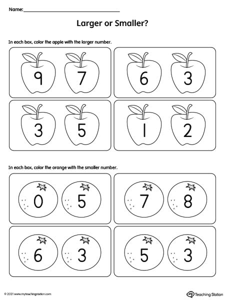 Smaller and larger number worksheet for preschool.