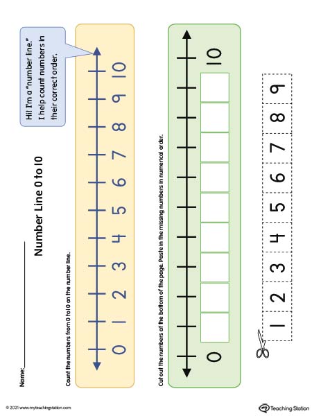 Number line 1-10 preschool printable activity. Learning how to count using the number line. Available in color.