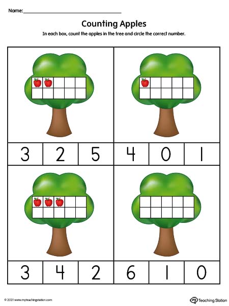 Ten frame counting numbers 1-10 printable worksheet. Available in color.
