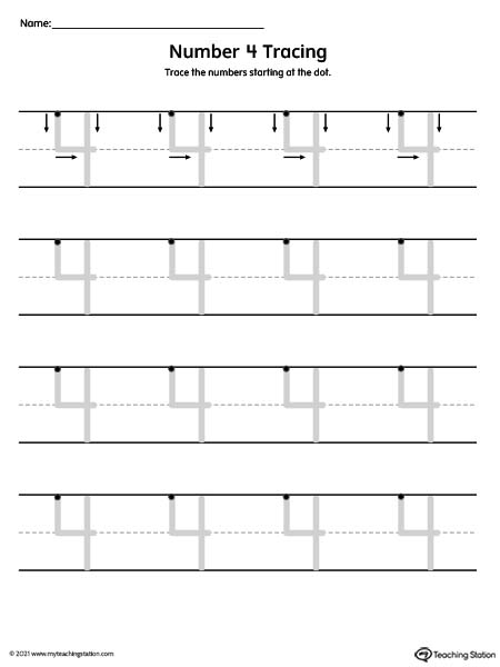 Traceable number 4 printing mat for preschool and kindergarden.