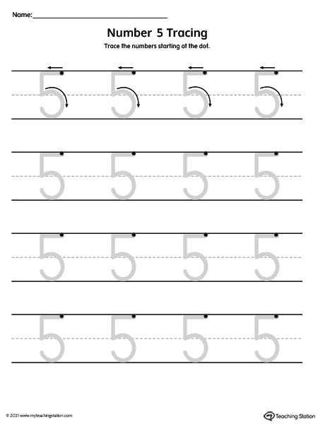 Traceable number 5 printing mat for preschool and kindergarden.