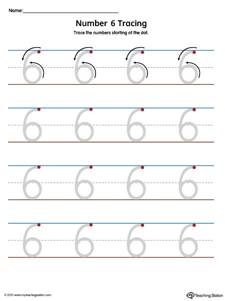 Traceable number 6 printing mat for preschool and kindergarden. Available in color.