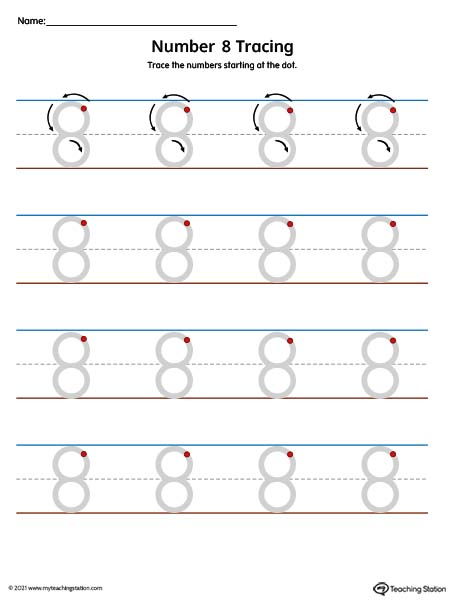 Traceable number 8 printing mat for preschool and kindergarden. Available in color.