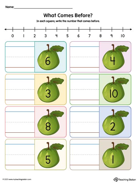 Number sequence preschool printable worksheets. Identifying which number comes before in this number sequence worksheet for numbers 1-10. Available in color.