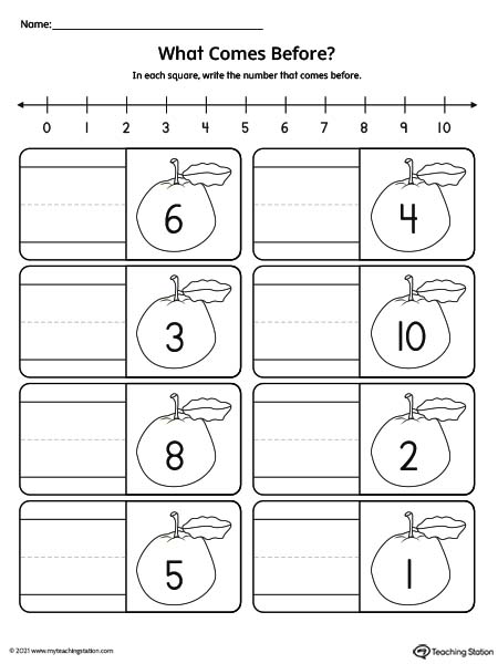 Number sequence preschool printable worksheets. Identifying which number comes before in this number sequence worksheet for numbers 1-10.