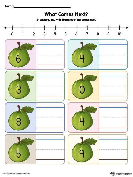 What Number Comes Next Printable Worksheet: 0-10 (Color)