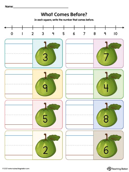 Practicing number sequence by identifying what number comes before in this preschool printable worksheet. Kids practice writing the number that comes before. Available in color.