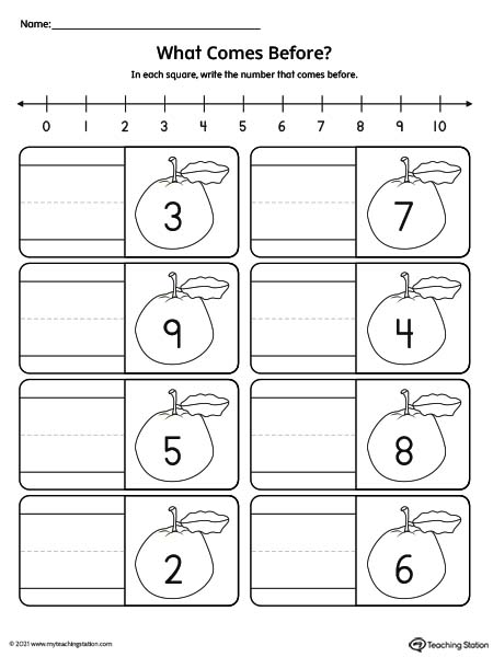 Practicing number sequence by identifying what number comes before in this preschool printable worksheet. Kids practice writing the number that comes before.