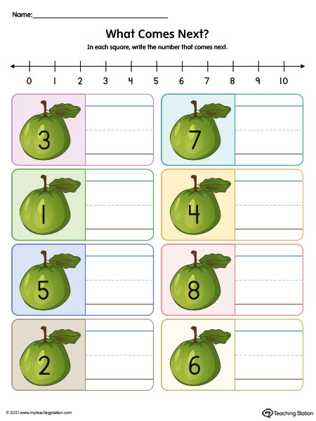What Number Comes Next Printable Worksheet: 1-9 (Color)