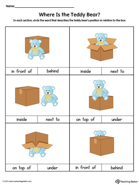 Positional Words Worksheet: Where is the Teddy Bear? (Color)