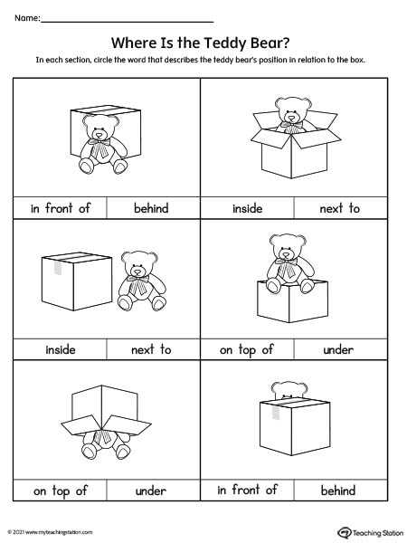 Preschool and Kindergarten positional concepts such as "in front of", "behind", "inside", "next to","on top of", and "under". Use the correct positional word to describe the position of the teddy bear. 