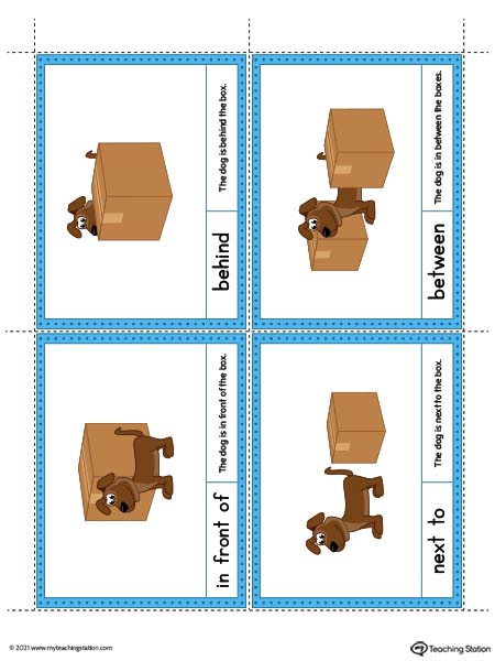 Positional Word Cards for Kindergarten and Preschool. These positional word cards can be used to teach preschoolers the position of objects with fun illustrations. Use it as a wall poster or during the lesson. Words included: In front, behind, next to, and between.