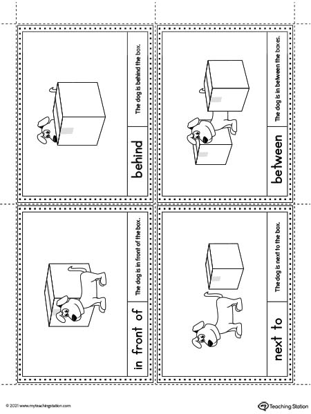 Positional Word Cards for Kindergarten and Preschool. These positional word cards can be used to teach preschoolers the position of objects with fun illustrations. Use it as a wall poster or during the lesson. Words included: In front, behind, next to, and between.