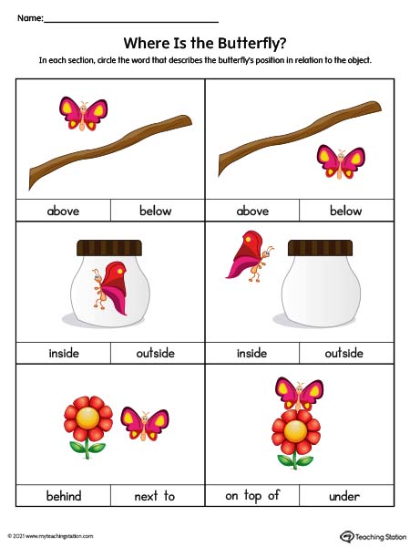 Practice the position of objects with this kindergarten positional word worksheet. Kids will use words to describe the position of the butterfly. Positional words included are: "above", "below", "inside", "outside","behind", "next to", "under", and "on top of".