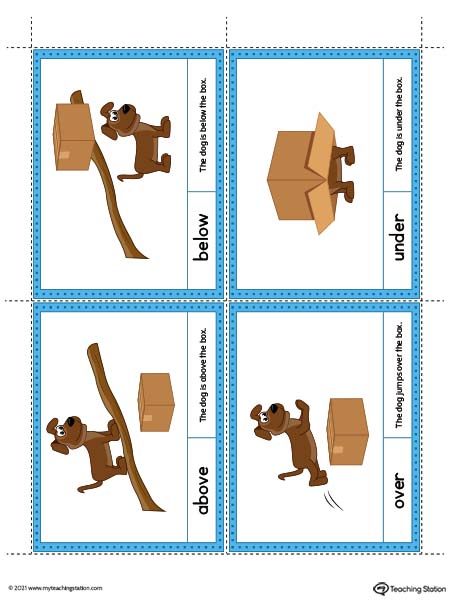 Positional Word Cards for Kindergarten. Teach kids positional words and help them understand spacial reasoning. Words included: above, below, under, and over.