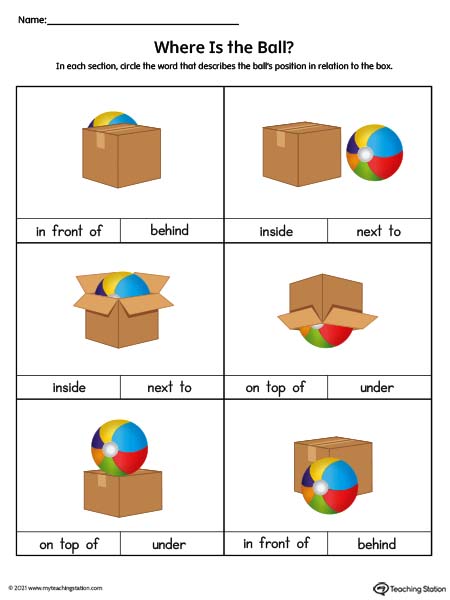 Positional Words Worksheet: In Front Of, Behind, Inside, Next To, On Top Of, Under (Color)
