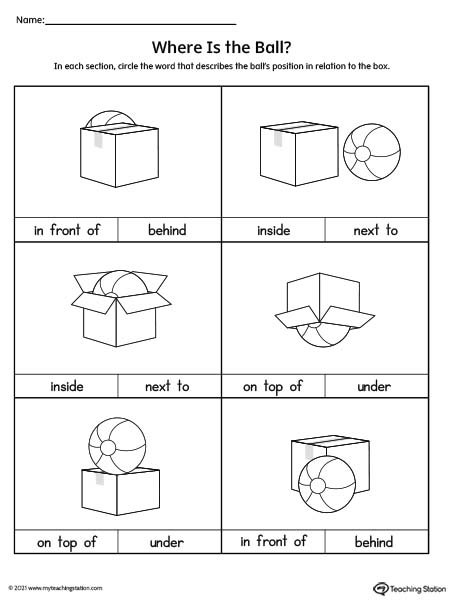 Help your preschooler practice positional words with this printable worksheet. Positional words included in this activity are: "in front of”, "behind", "inside”, "next to","on top of”, and "under”.