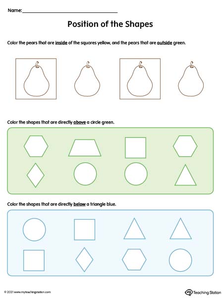 Positional words activity for preschoolers and kindergarteners. Learn the position of an object with this printable activity. Words included: inside, outside, above, and below.