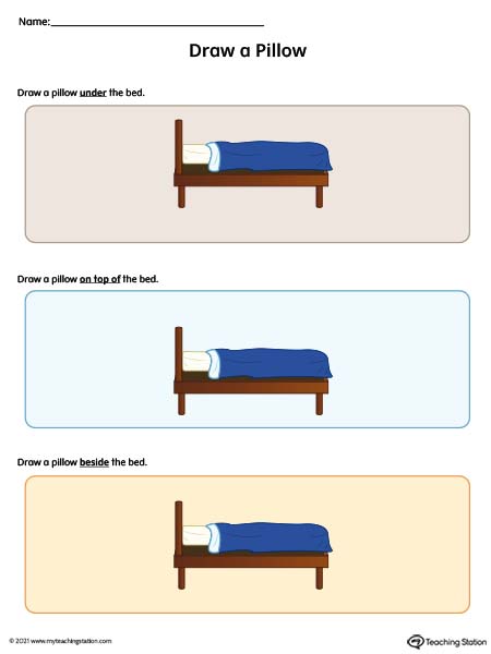 Drawing objects to practice the concept of positional words such as "under", "on top of", and "beside" with this pre-k printable worksheet.