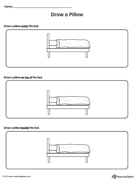 Drawing objects to practice the concept of positional words such as "under", "on top of", and "beside" with this pre-k printable worksheet.