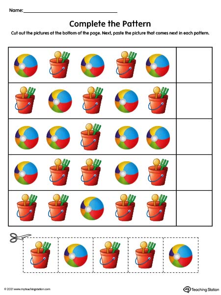 Complete the Pattern Worksheet: Ball & Bucket (Color)
