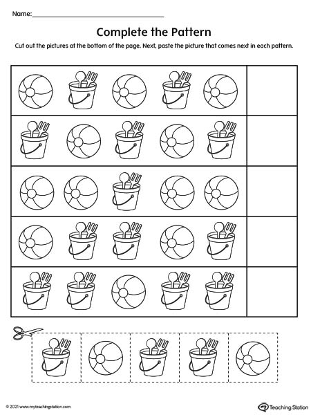 Complete the pattern worksheets for preschool and kindergarten.
