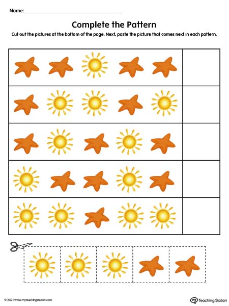Pre-K pattern printable activity. Available in color.