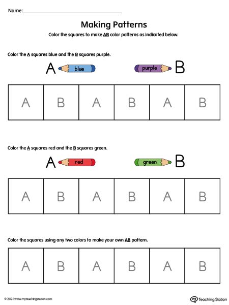 Preschool Pattern Worksheet: Letters and Squares (Color)