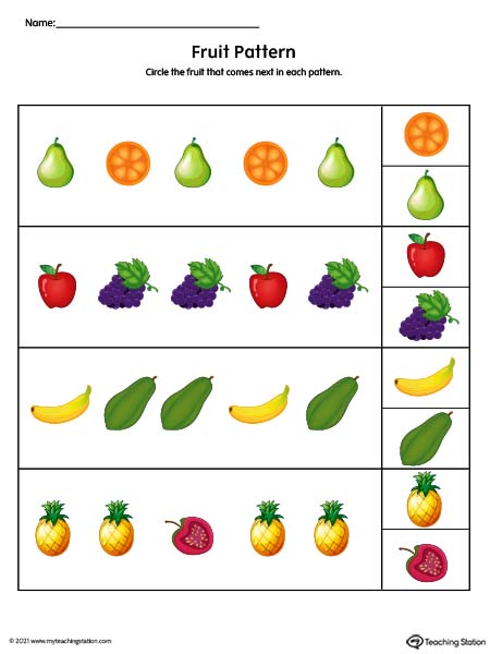 Repeating Pattern Worksheet: Fruits (Color)
