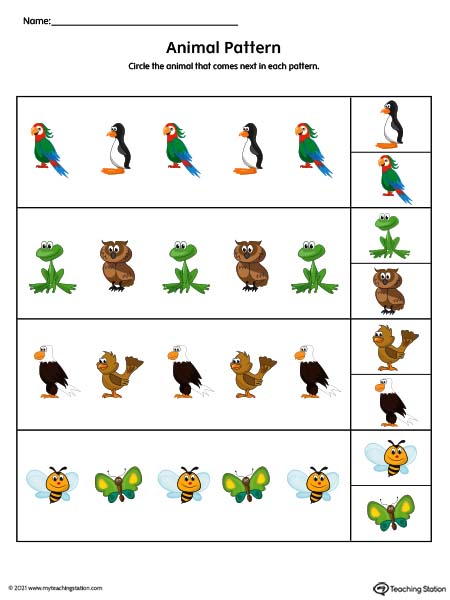 Repeating Pattern Worksheet: Animals (Color) 