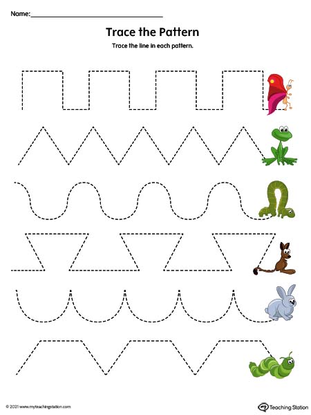 Preschool tracing patterns in this printable worksheet. Available in color.