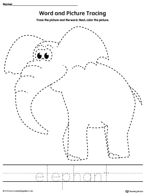 Elephant Picture and Word Tracing Printable Activity