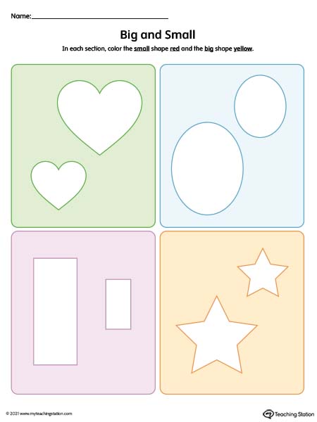 Compare big vs. small shapes in this printable worksheets for preschoolers. Available in color.