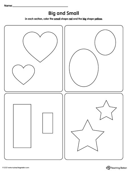 Compare big vs. small shapes in this printable worksheets for preschoolers.