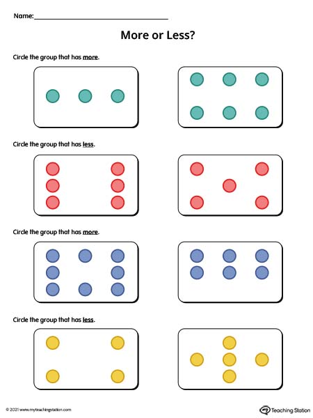 Help kids practice counting and identifying which group has more and which group has less in this printable worksheet. Available in color.