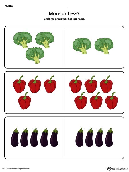Less or more printable worksheets by comparing groups of vegetables. Comparing groups to identify which one has more and which one has less. Available in color.