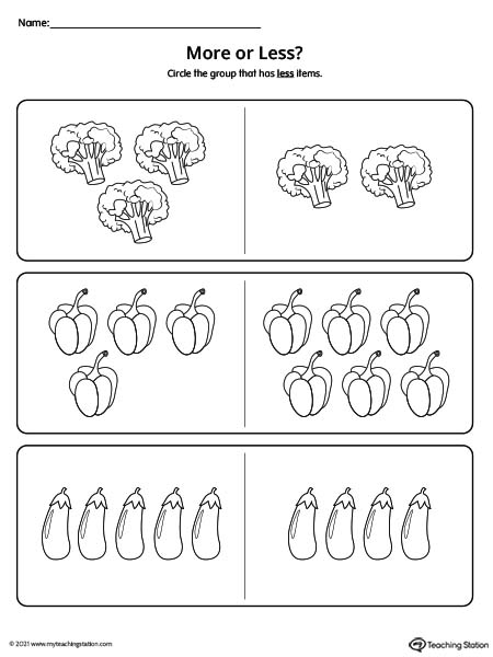 Less or more printable worksheets by comparing groups of vegetables. Comparing groups to identify which one has more and which one has less.