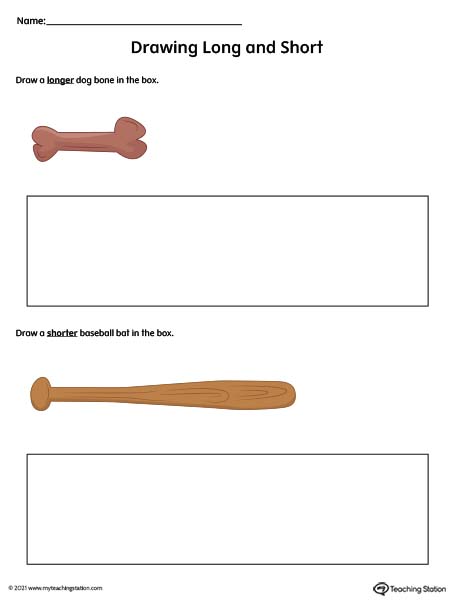 Identify long vs short by drawing the correct length of an object in this printable worksheet. Available in color.
