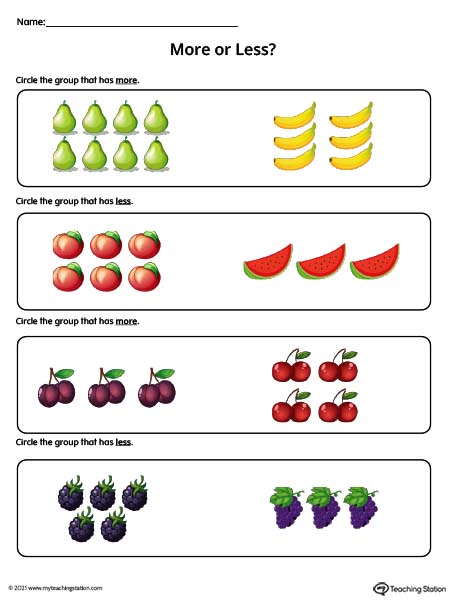 Practice the concept of more vs less in this printable worksheet. Available in color.