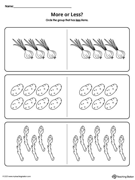 Comparing more or less worksheets for kids with pictures.