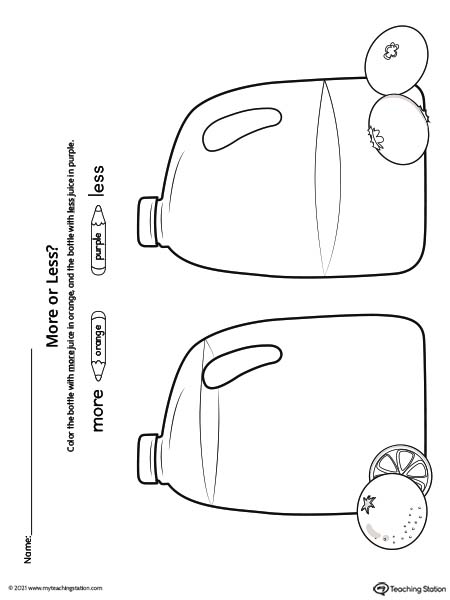 Comparing liquid quantity worksheet for preschoolers.