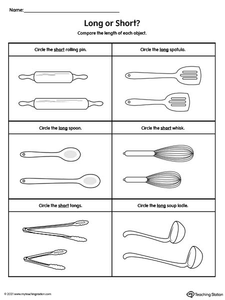 Pre-K length comparison worksheets. Compare long vs. short objects in this preschool printable worksheet.