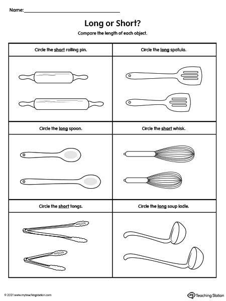 Pre-K length comparison worksheets. Compare long vs. short objects in this preschool printable worksheet.